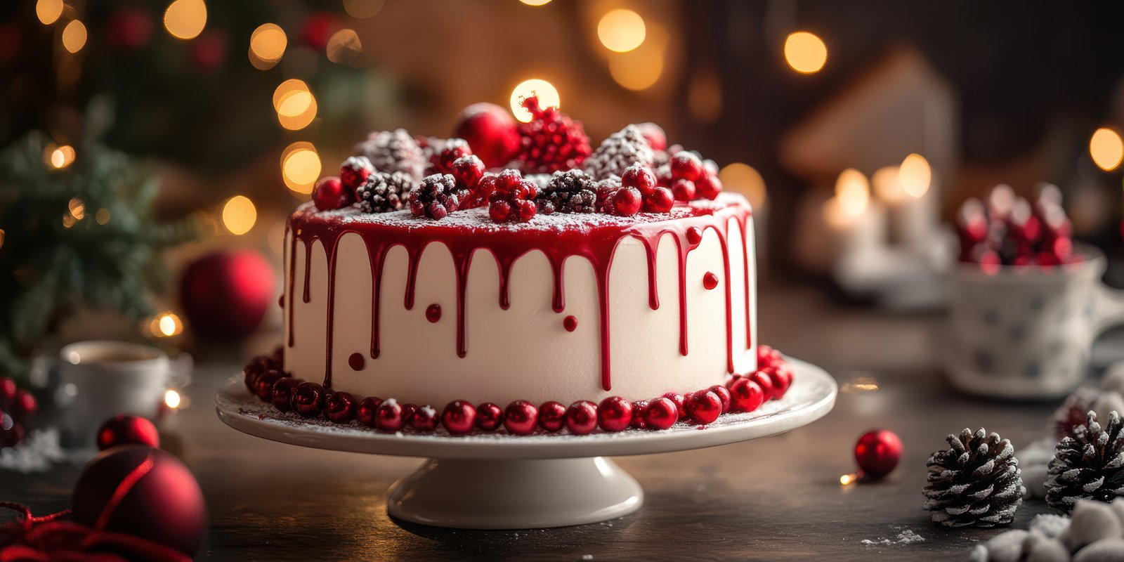 Deliciously festive red and white cake adorned with berries and pinecones in a cozy holiday setting
